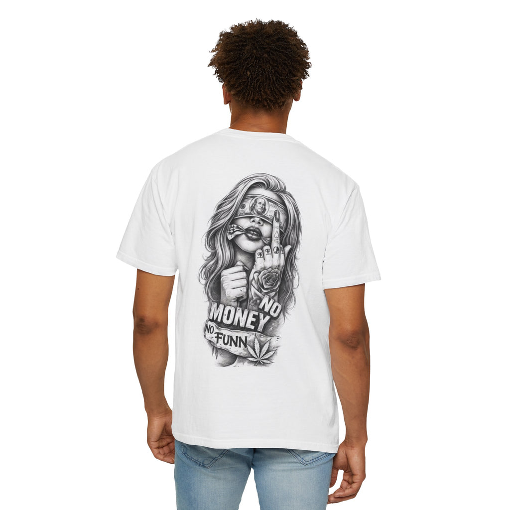Graphic T-Shirt — "No Money No Funn" Retro Tattoo-Style Back Print