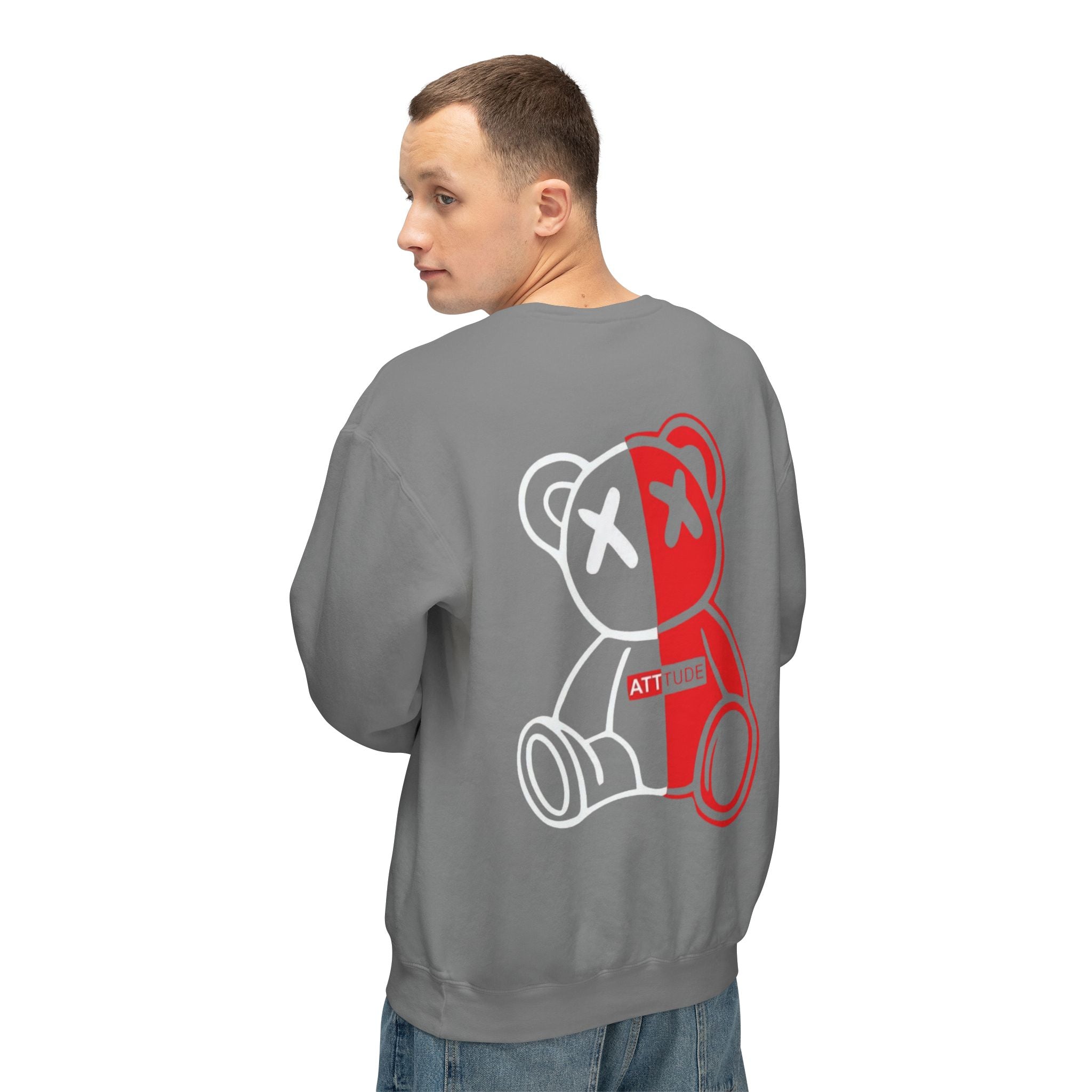 Split-Color Teddy Crewneck Sweatshirt — Red & White Graphic Back