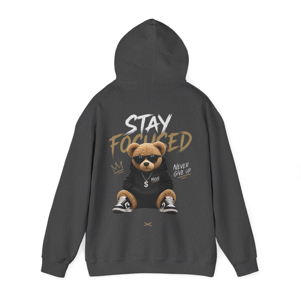 Stay Focused Teddy Hoodie — 'Never Give Up' Motivational Bear Hoodie