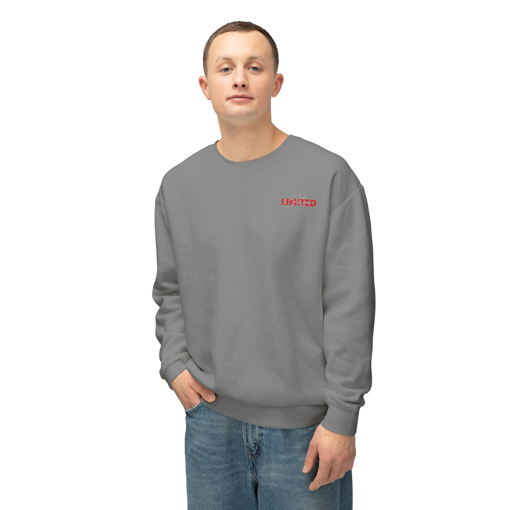 Split-Color Teddy Crewneck Sweatshirt — Red & White Graphic Back
