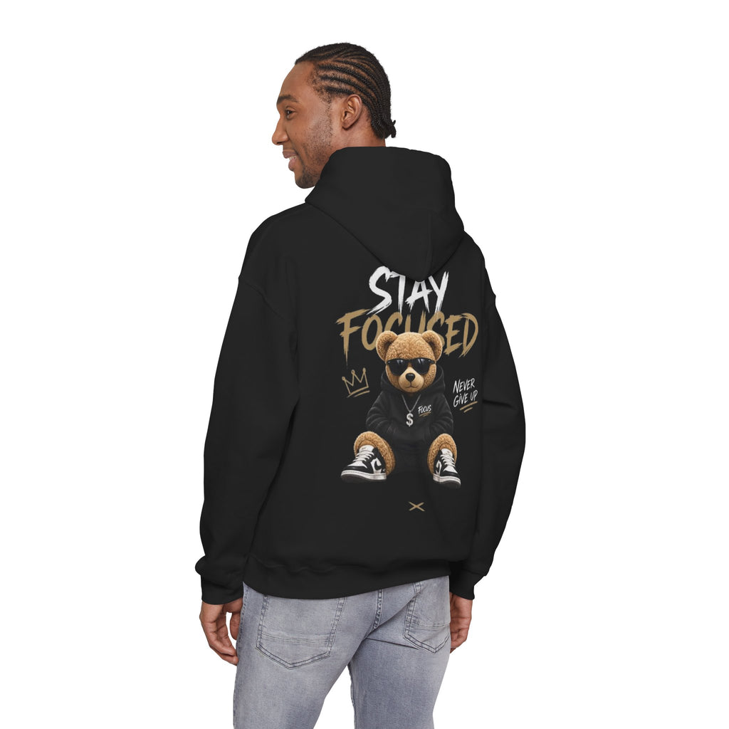 Stay Focused Teddy Hoodie — 'Never Give Up' Motivational Bear Hoodie