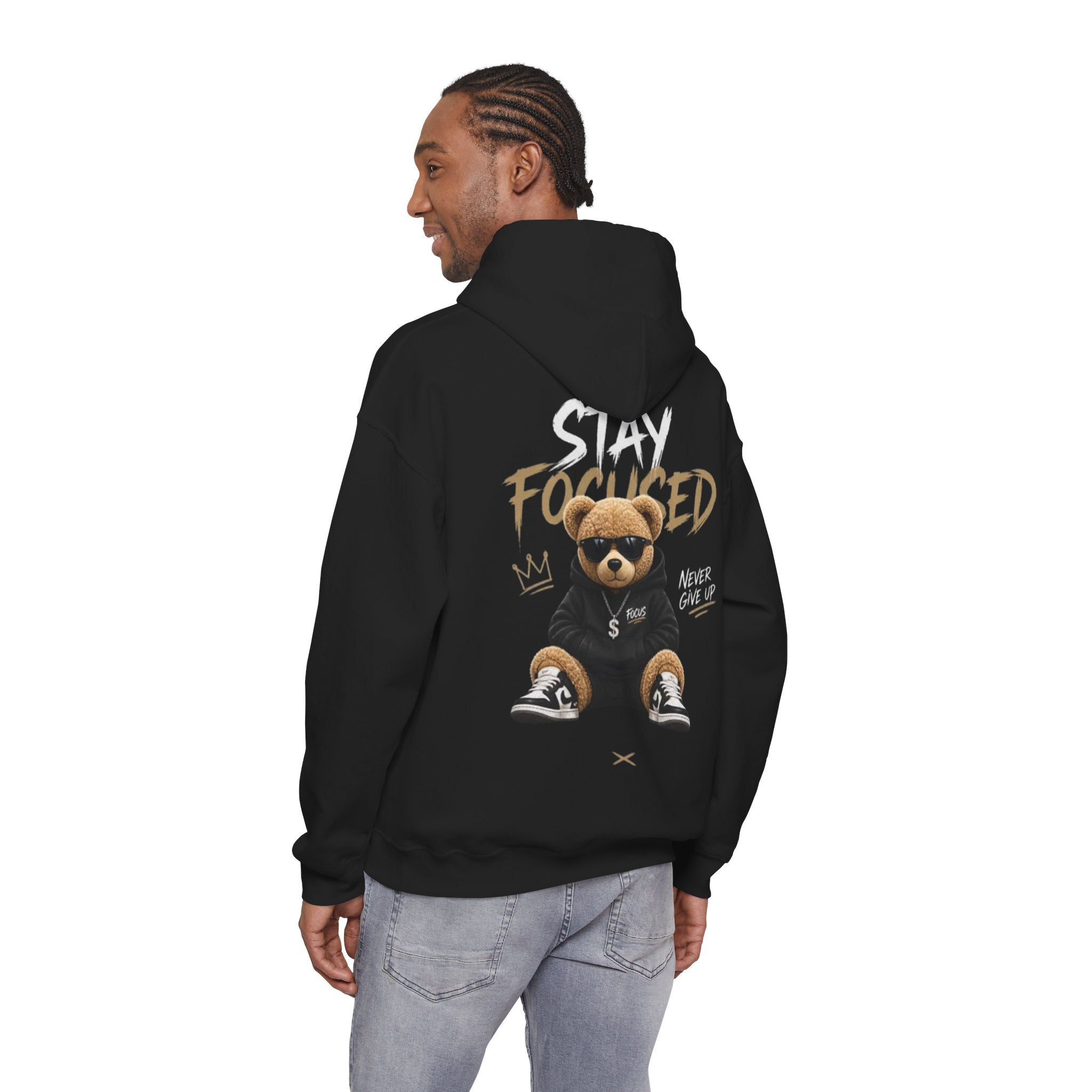 Stay Focused Teddy Hoodie — 'Never Give Up' Motivational Bear Hoodie
