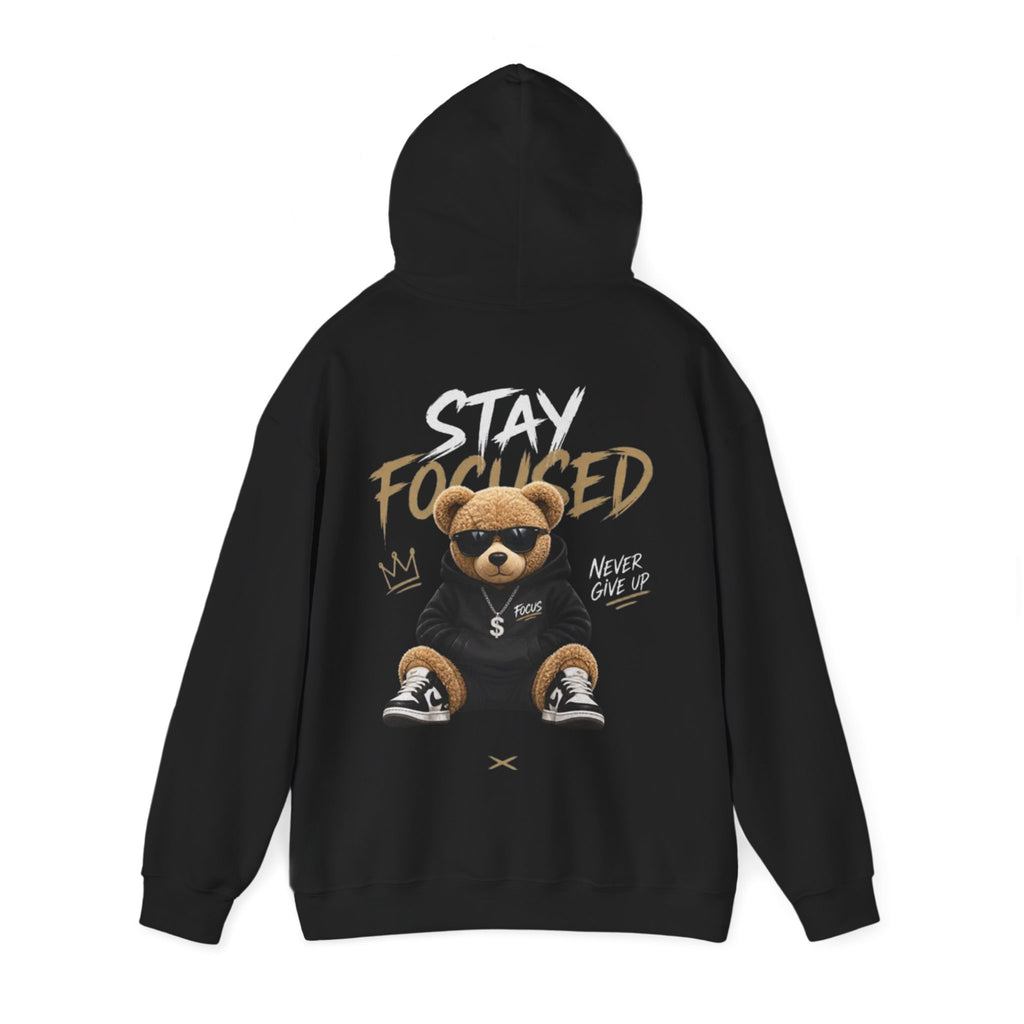 Stay Focused Teddy Hoodie — 'Never Give Up' Motivational Bear Hoodie