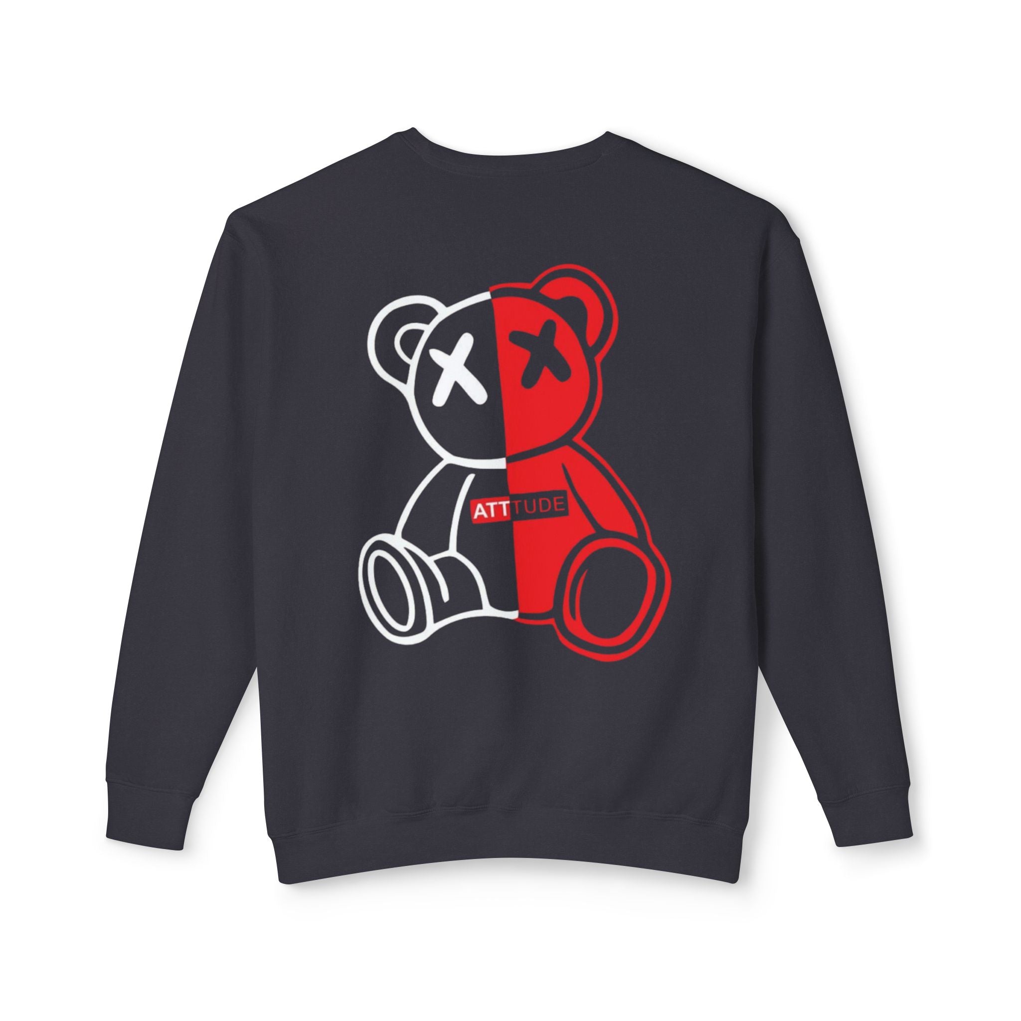 Split-Color Teddy Crewneck Sweatshirt — Red & White Graphic Back