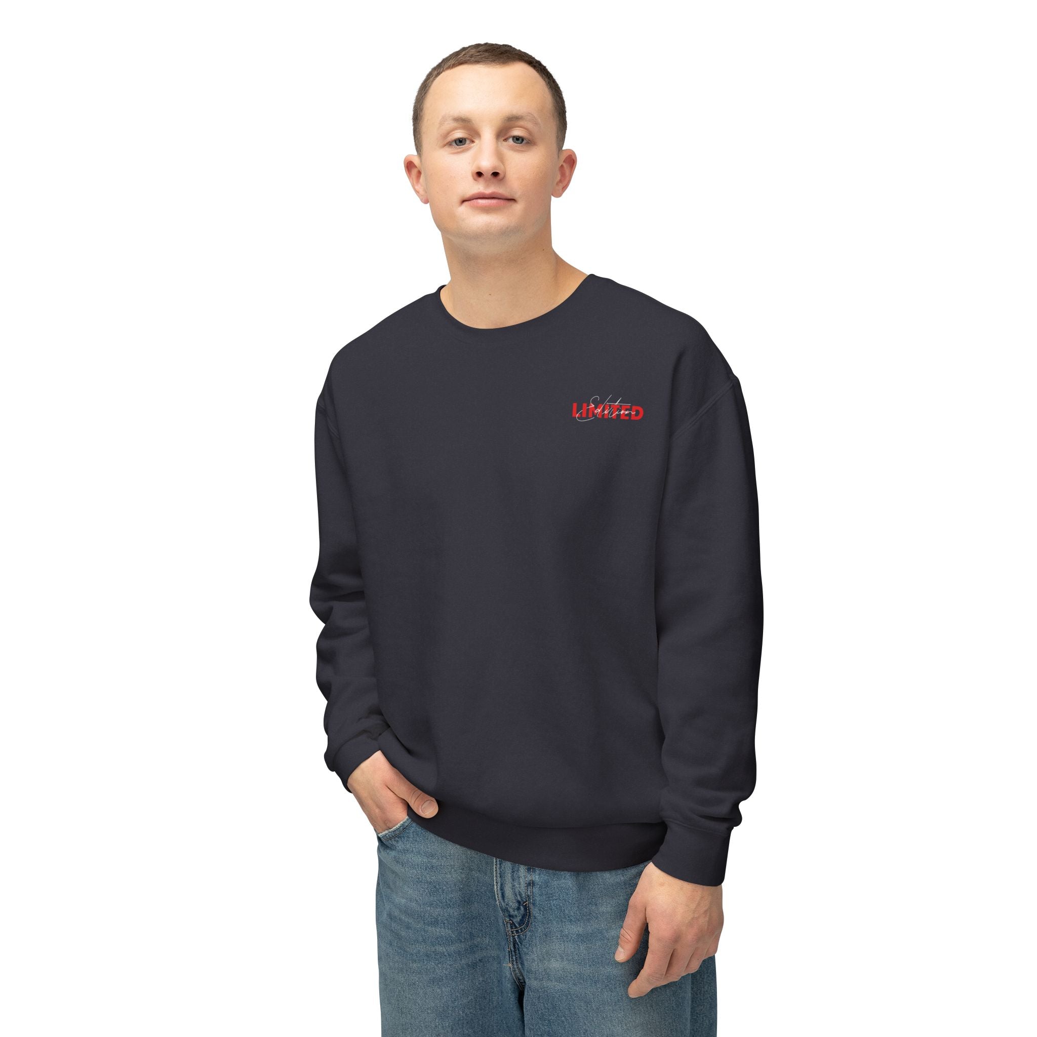 Split-Color Teddy Crewneck Sweatshirt — Red & White Graphic Back