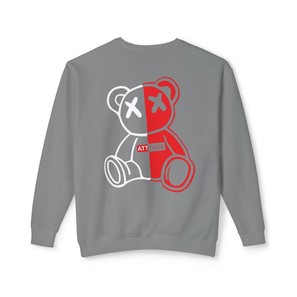 Split-Color Teddy Crewneck Sweatshirt — Red & White Graphic Back
