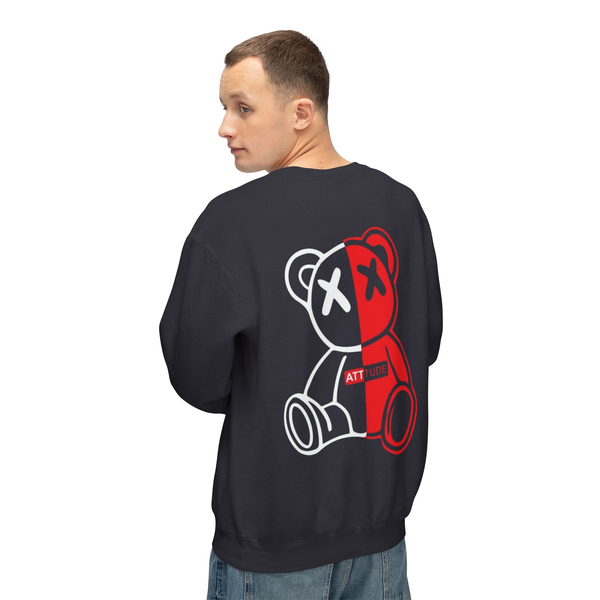 Split-Color Teddy Crewneck Sweatshirt — Red & White Graphic Back