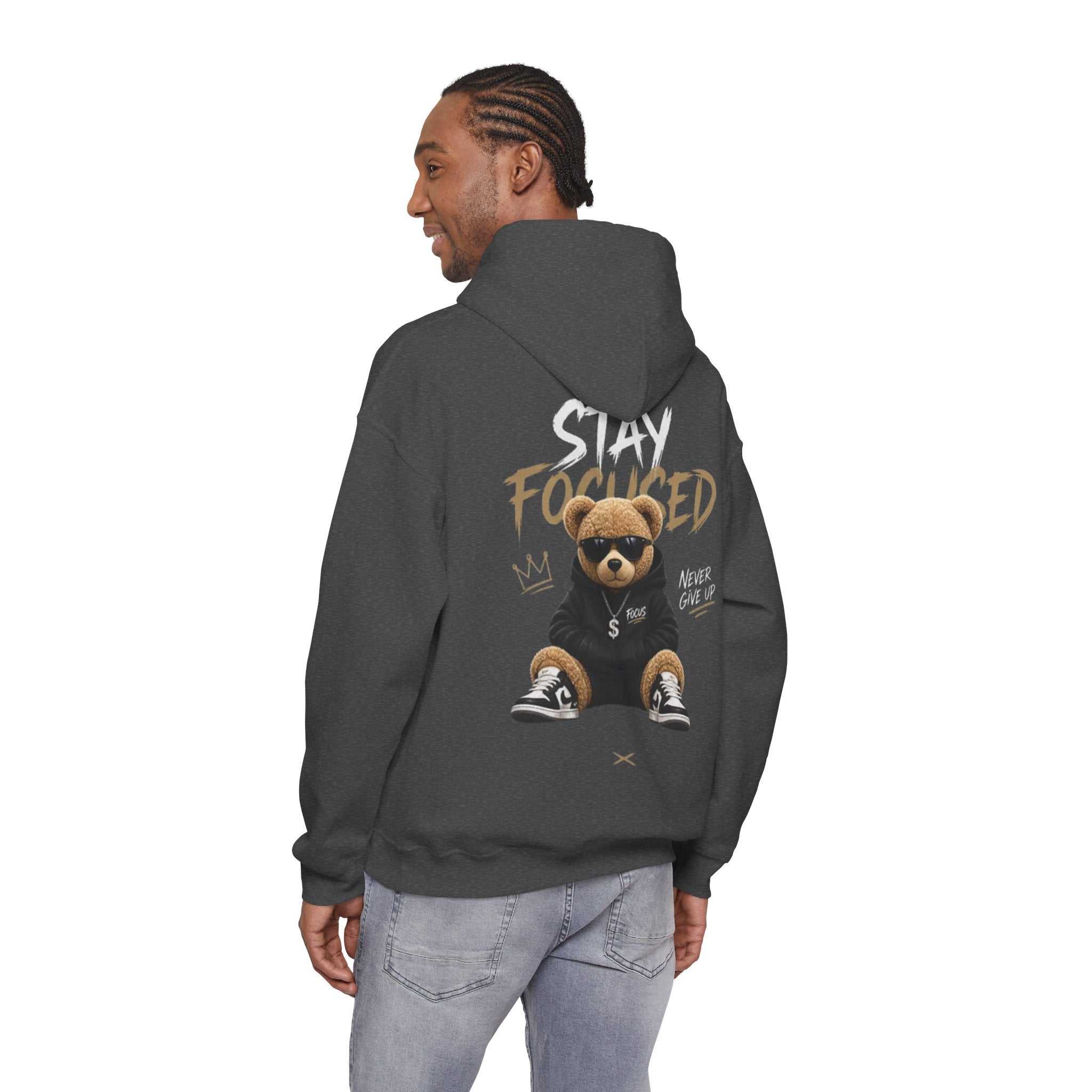 Stay Focused Teddy Hoodie — 'Never Give Up' Motivational Bear Hoodie