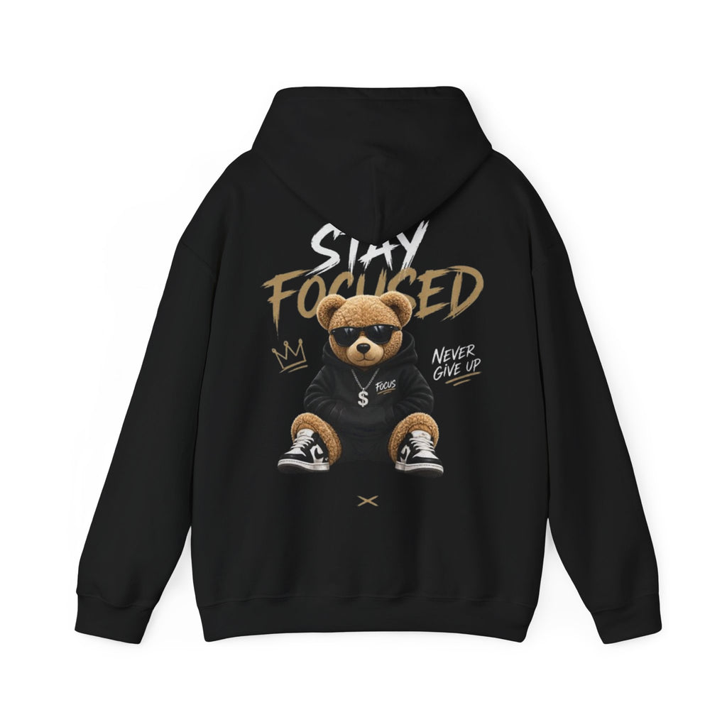 Stay Focused Teddy Hoodie — 'Never Give Up' Motivational Bear Hoodie